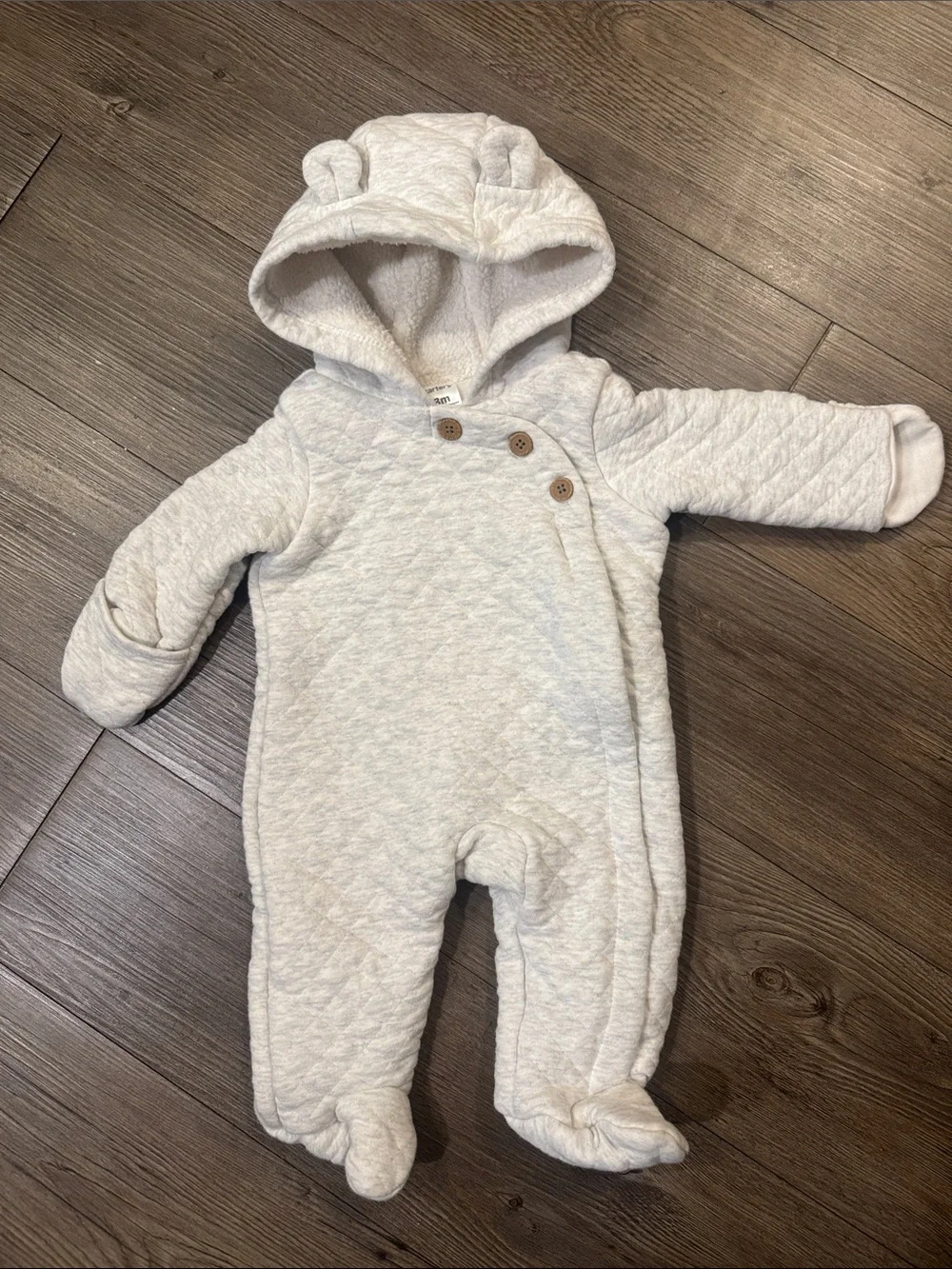 Carter's Gray Quilted Baby One-Piece Footed Bunting w Hood. 3 months. Like New!